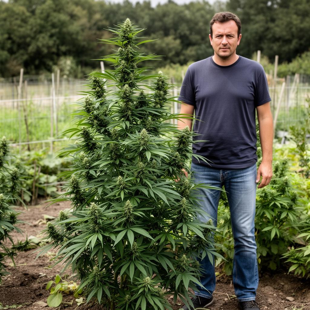 Rusgivende cannabisplante i hofthøyde med tette blomsterknopper