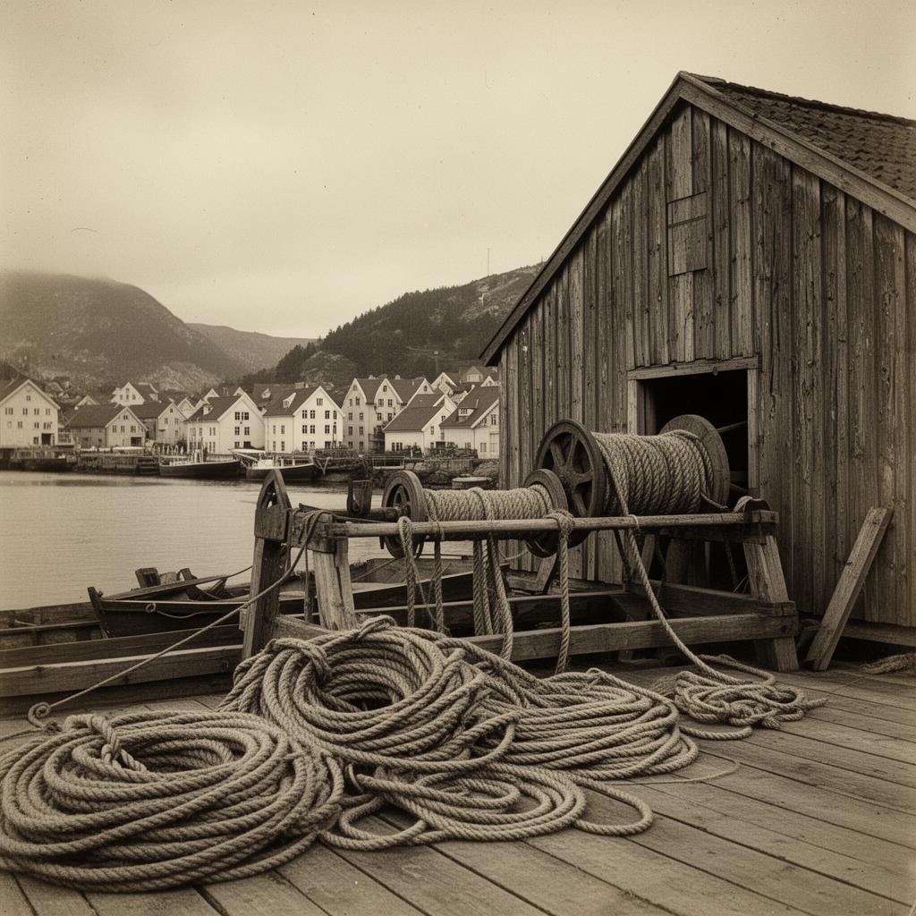 Historisk norsk havnescene med hamptau