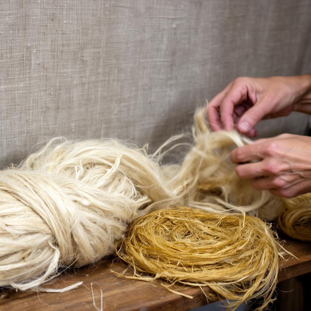 Rå hampbastfibre klargjøres for spinning